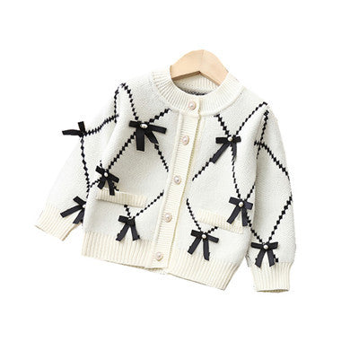 Girls' knitted sweater set, kids' two-piece outfit,  new style baby girl bowknot cardigan set, ages 1-8