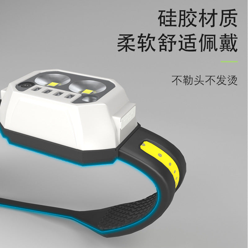 Cross-border new silicone waving sensor headlight USB charging outdoor cycling fishing headlight three light source LED headlight