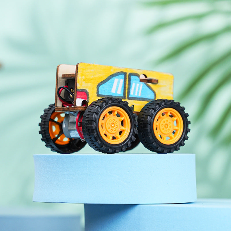 Mini car, handmade DIY wooden build to create student invention scientific experiment puzzle brain experiment