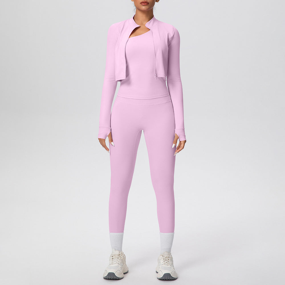 pure color brushed tight one-shoulder vest nine-point long three-piece sports running fitness yoga suit