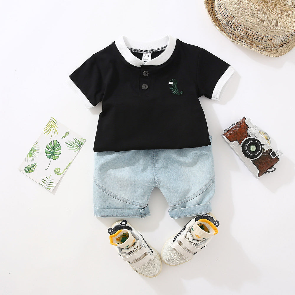 Kids' polo shirt set, 0-5 years old, embroidered dinosaur short-sleeve t-shirt and shorts 2-piece set, cross-border e-commerce