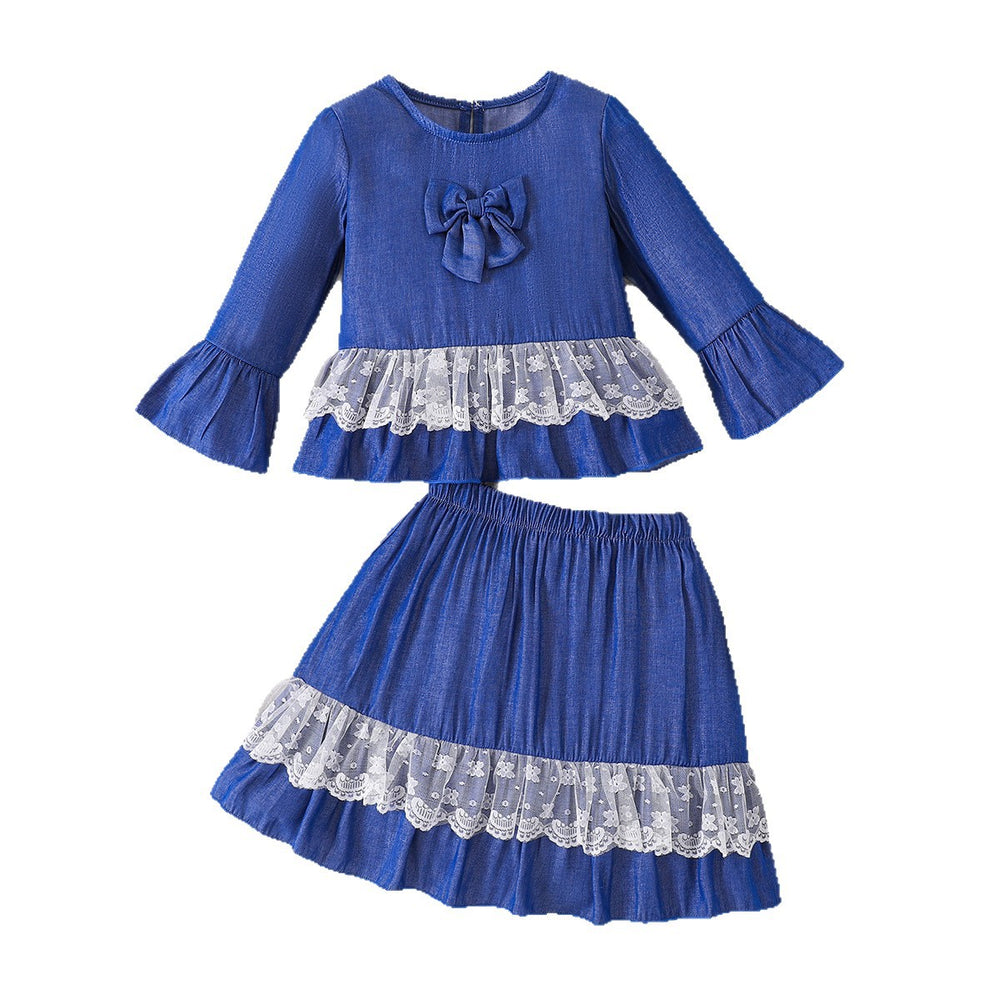 girl skirt suit blue bell sleeve topslace hem lace skirt retro style kids skirt