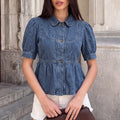 Fashion cross-border women's dark blue denim doll shirt tops lapel single-breasted puff sleeves waist rufflesshirt