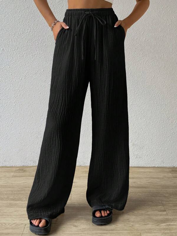 2024 european and american cross-border amazon new fashion women's elegant versatile elastic casual solid color wide leg pants