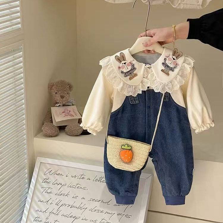 Spring outfit chic romper baby girl cartoon onesie double layer jacket princess style newborn clothes