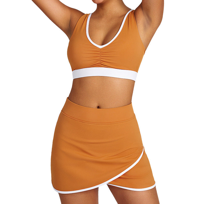 Color block ruched shockproof quick-dry shorts, fitness top, sports bra, underwear, yoga tennis skirt set for women