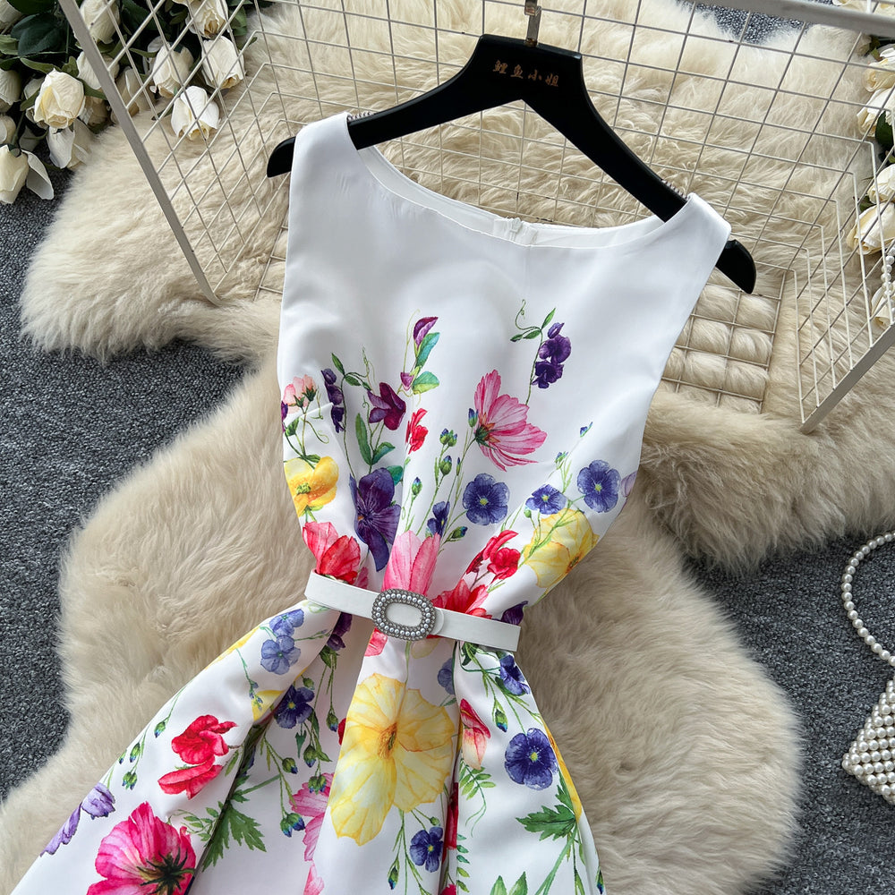French sleeveless printed dress - women's slimming, figure-flattering, flowy maxi dress - summer korean style, vacation chic, elegant and chic dress