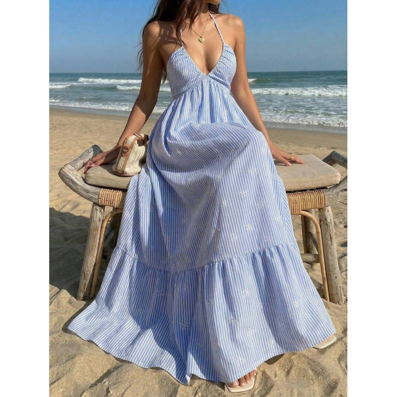 Amazon  summer new arrival: printed beach vacation style v-neck halter backless tie-up dress for women