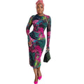 European and american style cross-border personalized fashion women's elegant printed bodycon mini dress with round neck and long sleeves