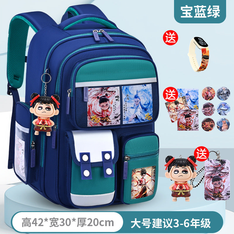 New nezha backpack for boys and girls, grades 1-6: spine protection, lightweight design, and extra-large capacity