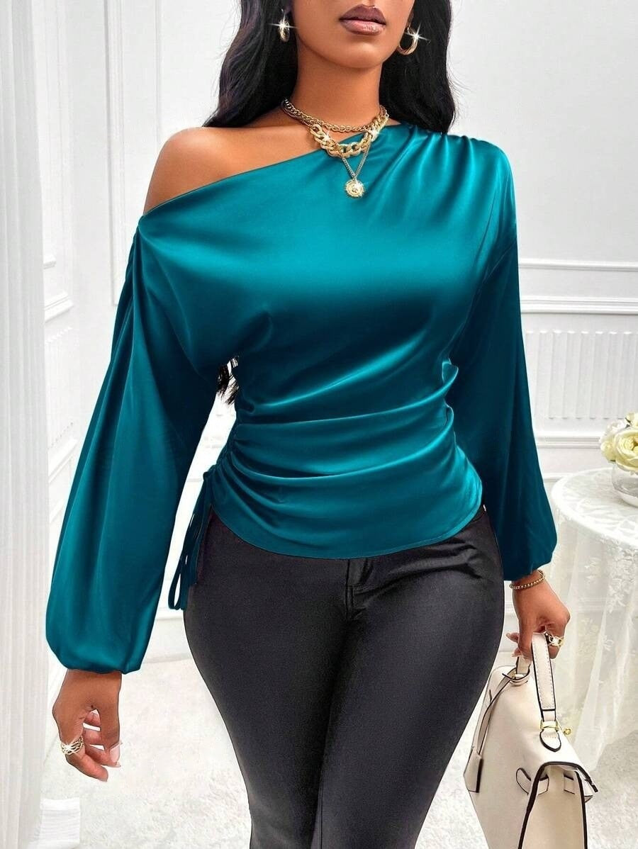 Amazon cross-border fashion new women's satin blouse - spring/summer asymmetrical long sleeve slant neck shirt top