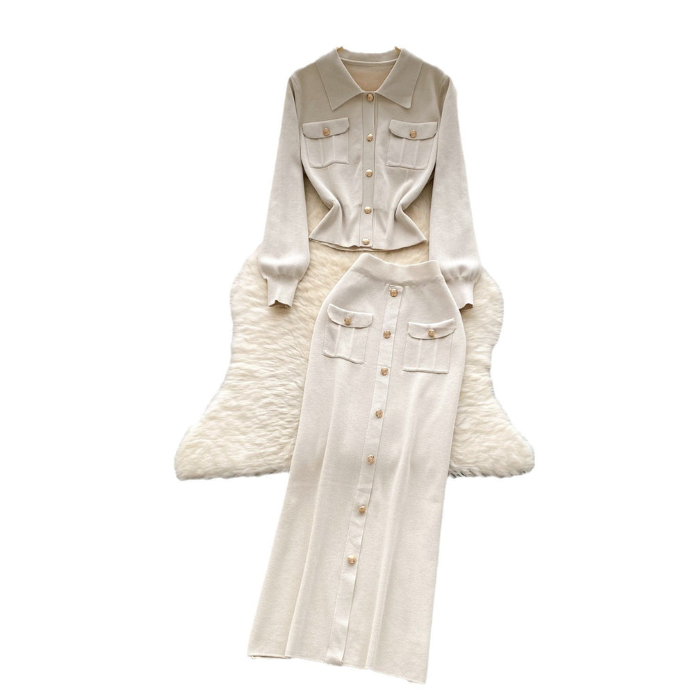 Xiaoxiangfeng two-piece set women's fall and winter styleeasiest for match metal buckle lapel knittingtops tight hip-covering skirt