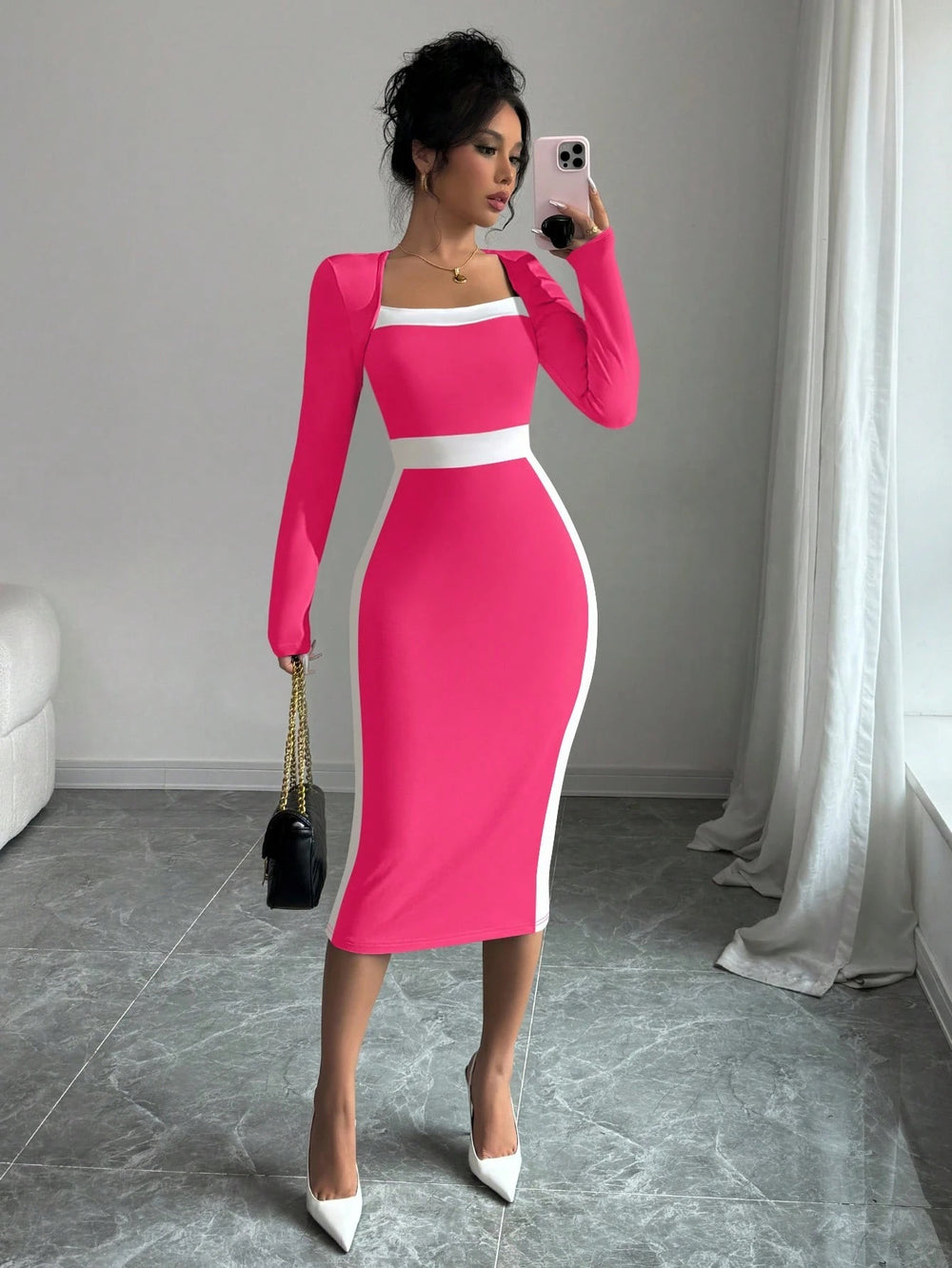 new  cross-border european and american women's clothing color block midi dress sexy bodycon long sleeve dress