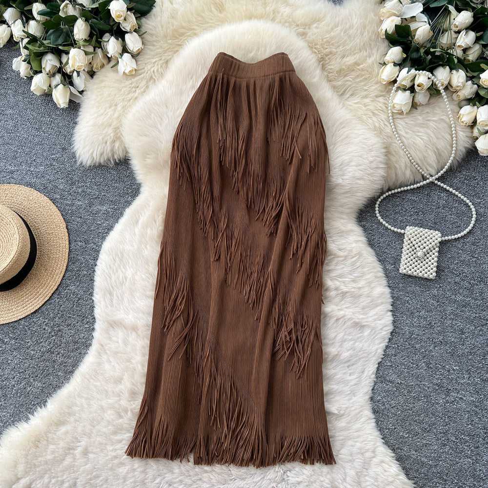 Korean style tassel trim a-line midi skirt - women's 2026 summer high-waisted commute chic tassel skirt