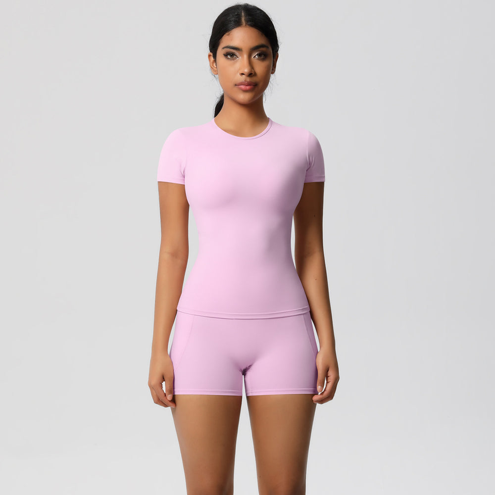European and american style fleece-lined quick-dry short-sleeve yoga set with pocketed shorts for outdoor running and fitness