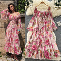 French romantic one-shoulder flared sleeve floral dress - women's summer long sleeve vacation ruffle hem maxi dress