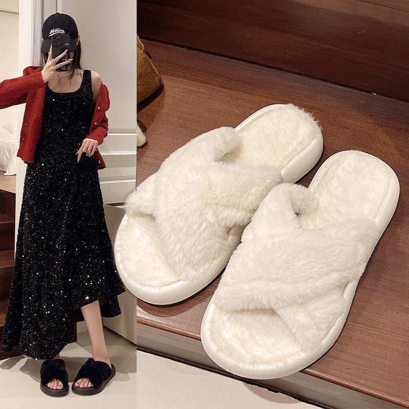2024 new fuzzy slippers for women, korean style, trendy ins design, winter 2024 home comfort, one-strap cotton slippers for women