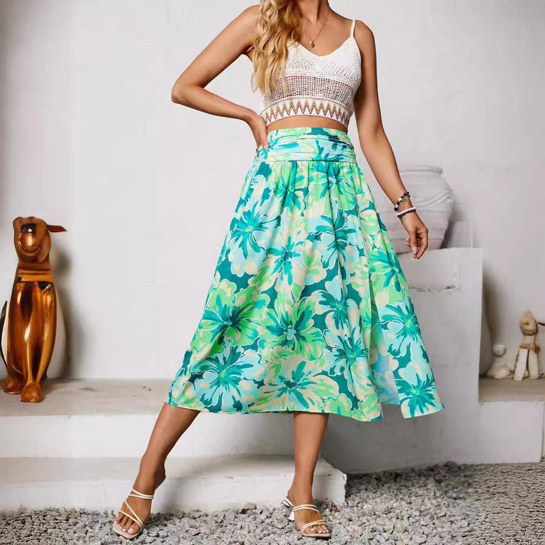 Shanuo independently designs and shoots new women's clothing in Europe, America,  summer casual collection, flower printing skirt