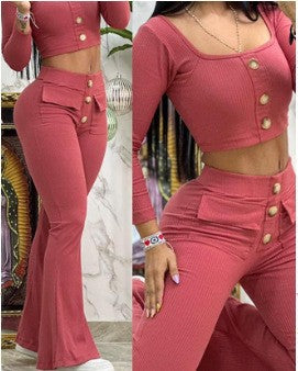 european and american autumn/summer chic u-neck button-down top with cropped sleeves and high-waisted flare pants set featuring a waist-cropped design and pocket details