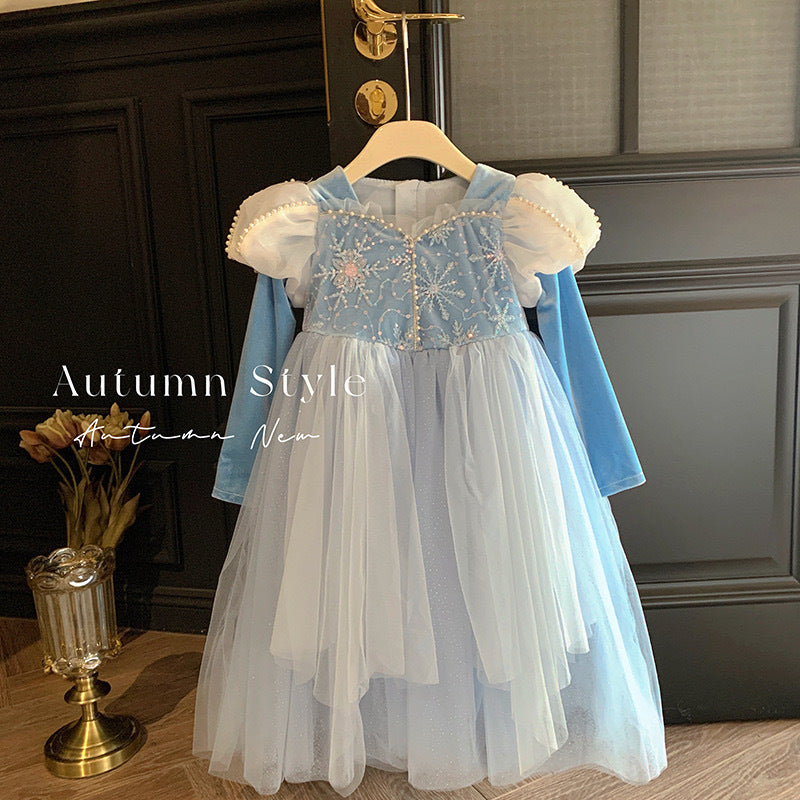 Girls' princess dress -  autumn collection - trendy girl's dress - blue mesh elsa tutu birthday gown