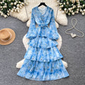 French romantic style printed long sleeve dress - women's spring slimming ruffle pleated tiered cake dress - elegant
