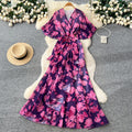 Women's spring dress : french chic tie-waist v-neck asymmetrical print chiffon maxi dress