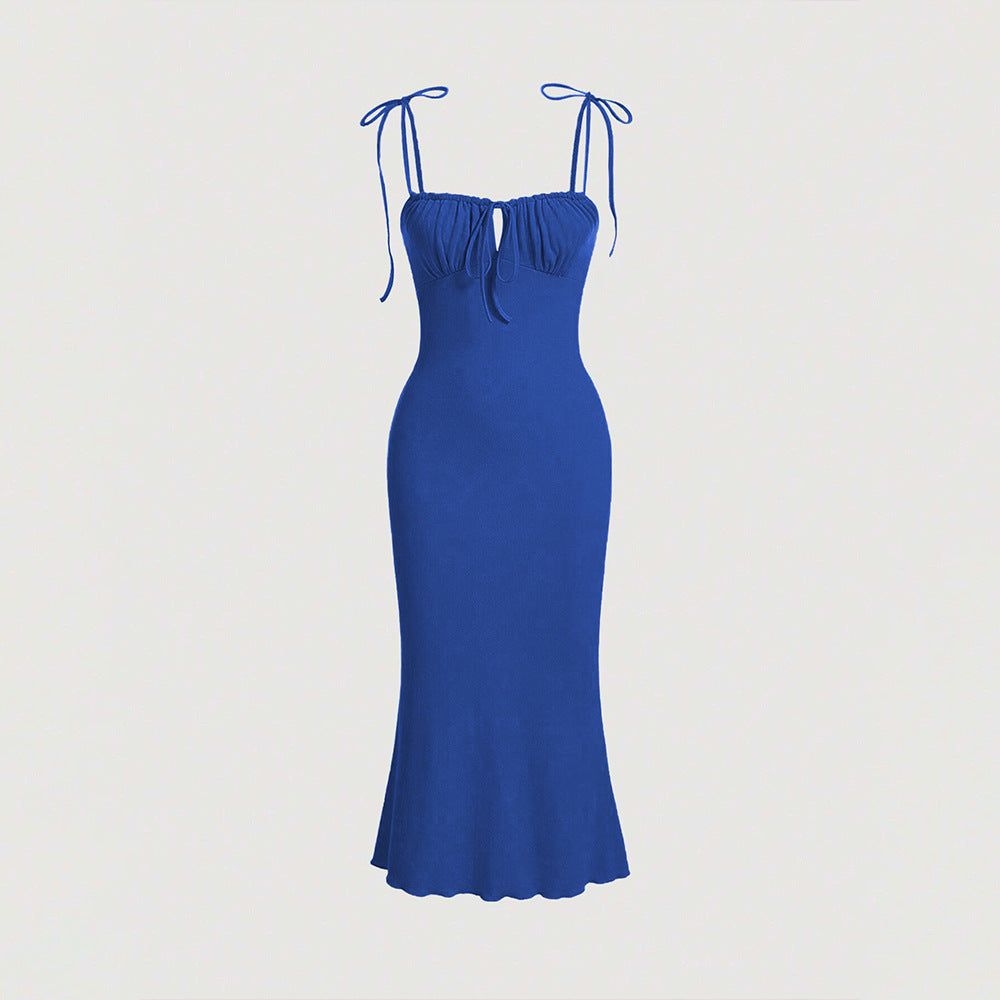 sexy drawstring tie bodycon mermaid maxi dress with spaghetti straps - vacation-ready french style