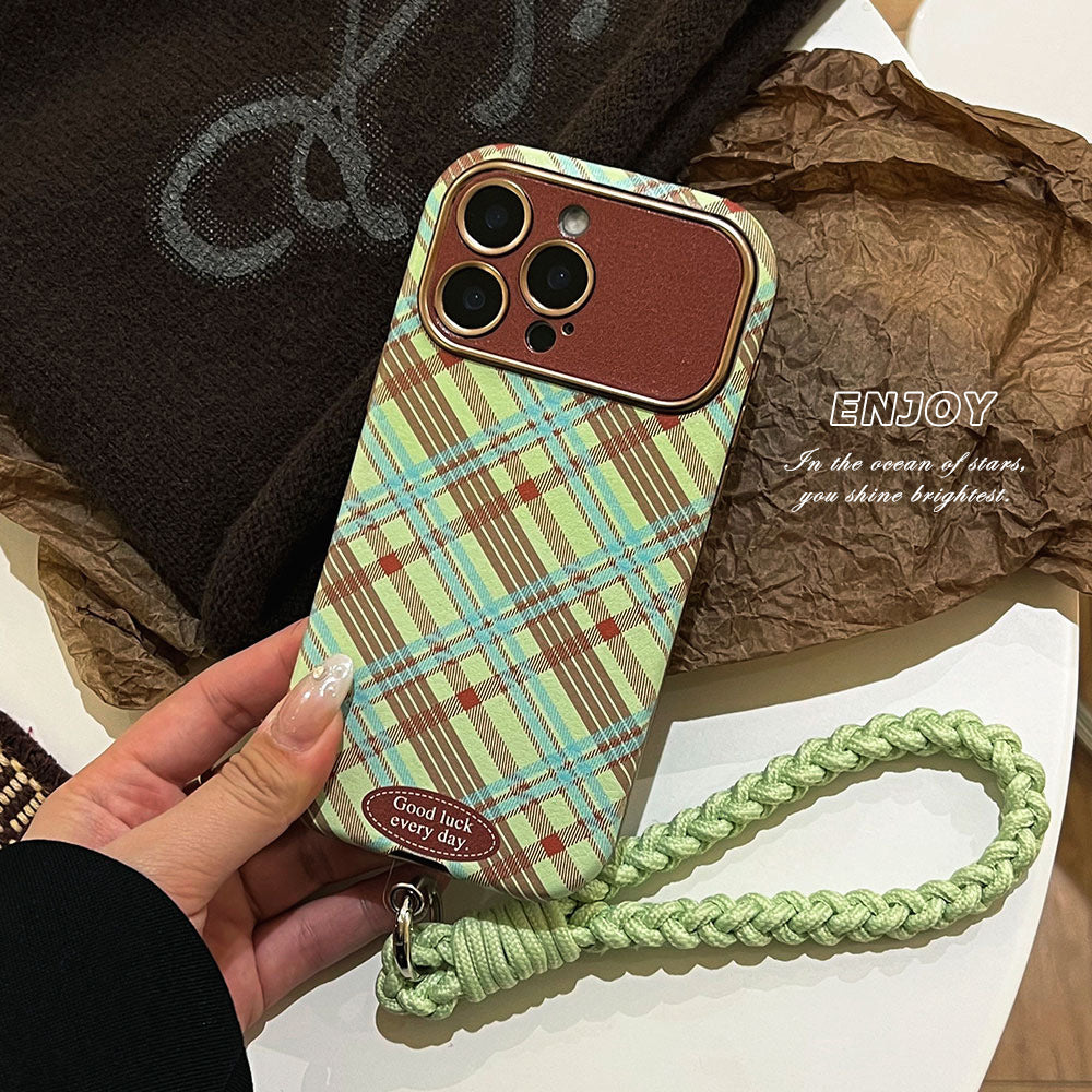 Green and brown plaid lambskin iphone 16 case with large window, iphone 17 pro max drop-proof phone case