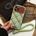 Green and brown plaid lambskin iphone 16 case with large window, iphone 17 pro max drop-proof phone case