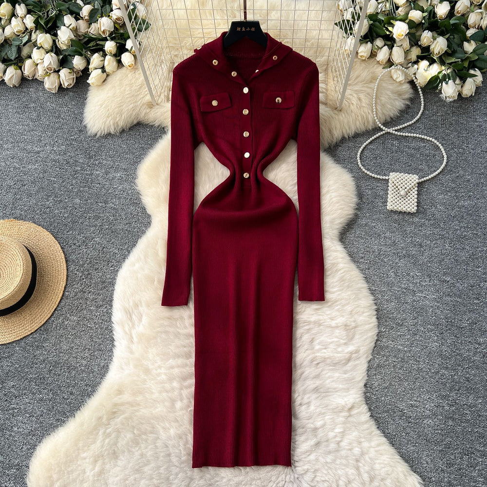 Elegant and chic metallic buckle collar long sleeve dress - women's slim-fit knit maxi dress for autumn