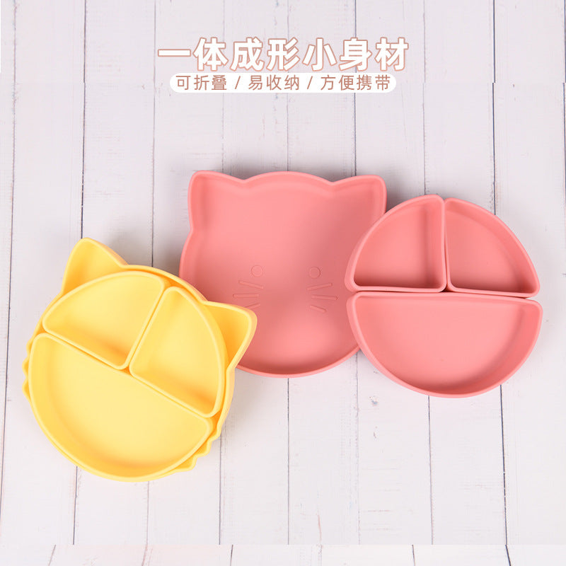 Customized solid color cartoon cat shape children's dinner plate baby complementary feeding silicone dinner plate with suction cup tableware set