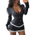 American retro striped women's two-piece set: v-neck flare sleeve top with lace trim y2k outfit - wholesale