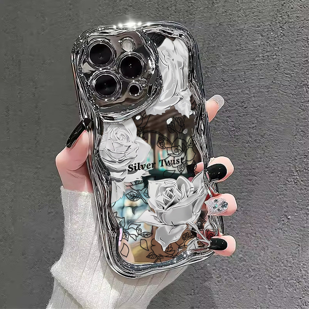 Trendy silver electroplated rose phone case for iphone 17 pro, apple 16 electroplated shockproof soft case - women's style