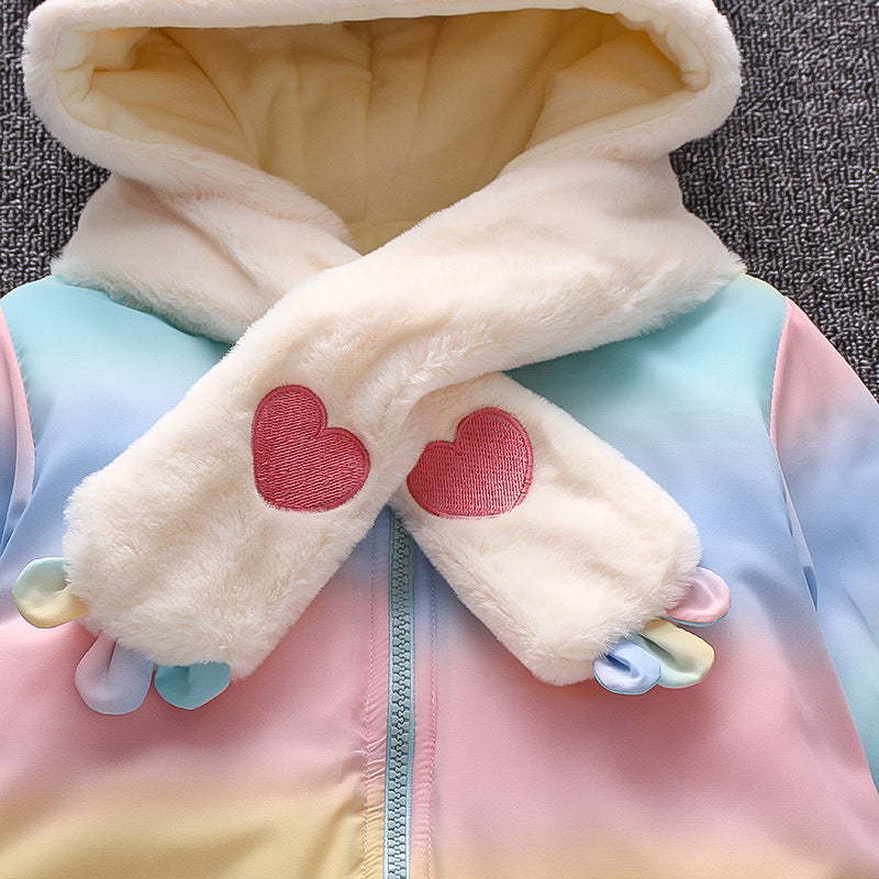 Winter infant cartoon fleece-lined thickened outdoor cotton-padded jumpsuit for baby boys and girls - trendy, warm, and extra thick