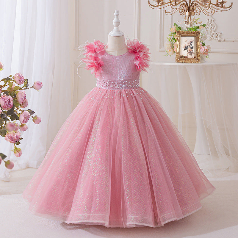 Girls' dresses  new collection: beaded birthday, piano recital, flower girl, runway performance, mesh princess dress for girls (sizes for mid-to-large children)