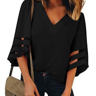 fashionplus size mesh patchwork women's v neck mesh bell sleeve loosetopsin stock