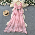 Elegant v-neck lantern sleeve dress - korean style, diamond embellished, slimming, and graceful maxi dress