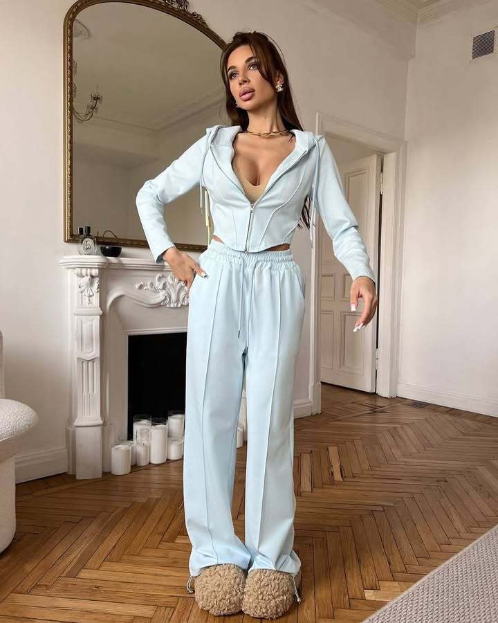 European and American  casual women's suit solid color long-sleeved waist sexy zipper cardigan lace-up trousers two-piece set