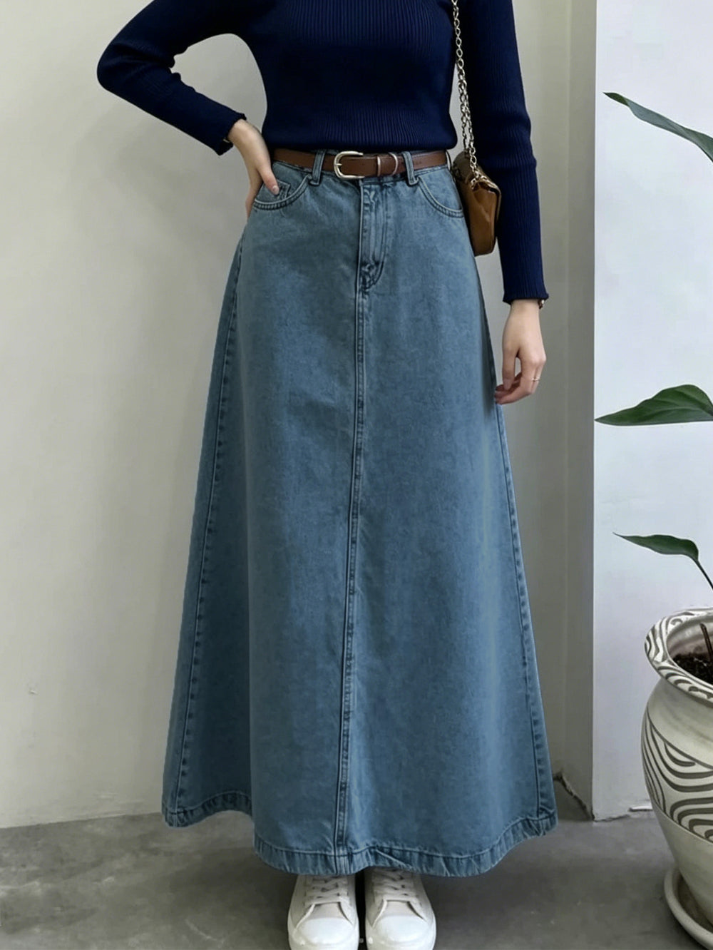 Vintage blue washed midi skirt - women's high-waisted a-line denim skirt - casual, versatile, slimming, non-stretch maxi skirt