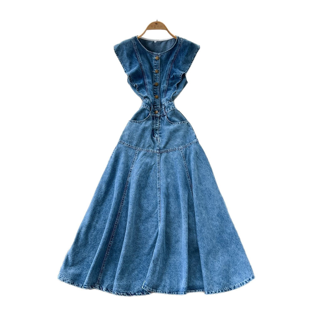 Frenchretroniche stylesense of designrufflespatchworksingle breasted waist denim dress women's sleeveless vest dress