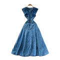 Frenchretroniche stylesense of designrufflespatchworksingle breasted waist denim dress women's sleeveless vest dress
