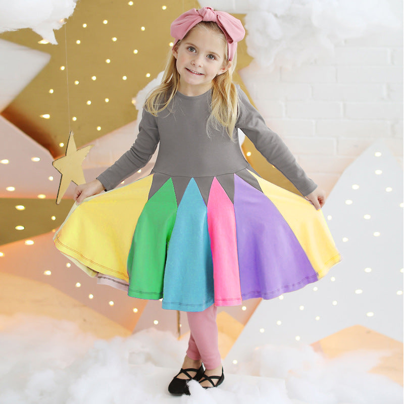 Store manager's pick: new autumn/winter girls' long-sleeve round neck rainbow princess dress with color block design