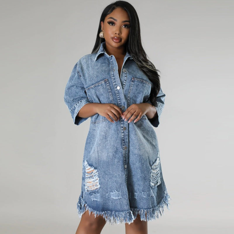 Amazon independent station  cross-border women's denim jacket with holes and tassels short-sleeved lapel european and american tie-dye