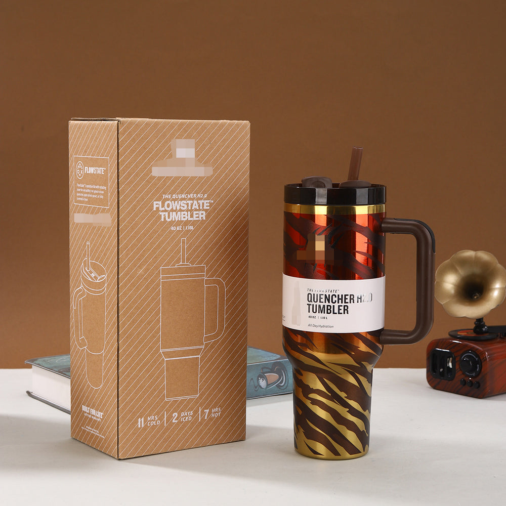 cool tiger pattern 40oz stanley ice cup large capacity straw cup 304 stainless steel handle thermos cup