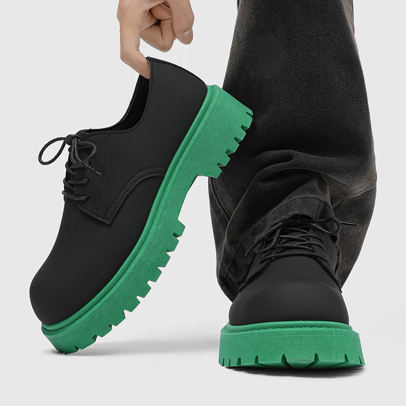 Shoes niche style design ins style casual leather shoes men's high-end sense of heighteningthick sole color matching mickey big toe derby shoes