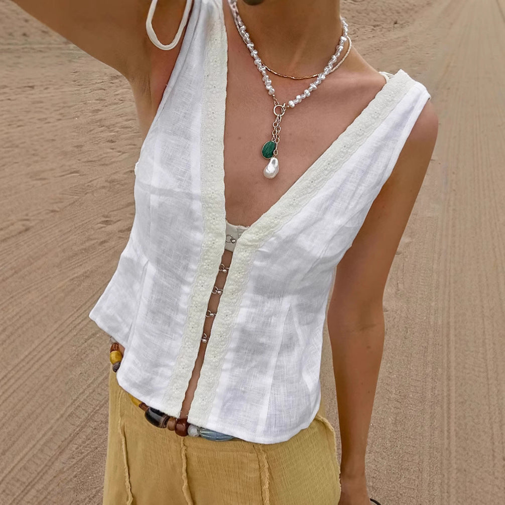 European and American fashion V-neck white vest women's 2025 summer  temperament bamboo cotton lace cardigan top women's clothing
