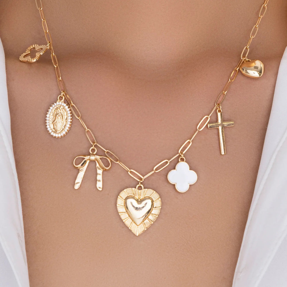 European and american cross-border trendy metal cross heart enamel pendant necklace sweet bowknot necklace