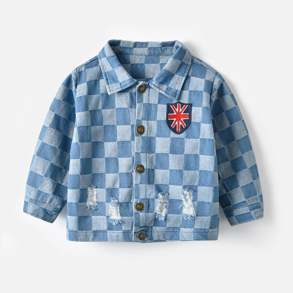 Korean style spring/autumn children's clothing new arrivals: boys' and girls' outerwear, denim jackets, kids' denim clothes, plaid embroidered jackets