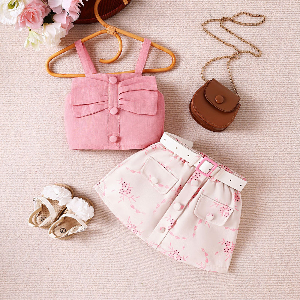 e-commerce summer sweet girl's outfit for us and european markets: camisole top + printed skirt + belt, new arrivals for toddlers and young children