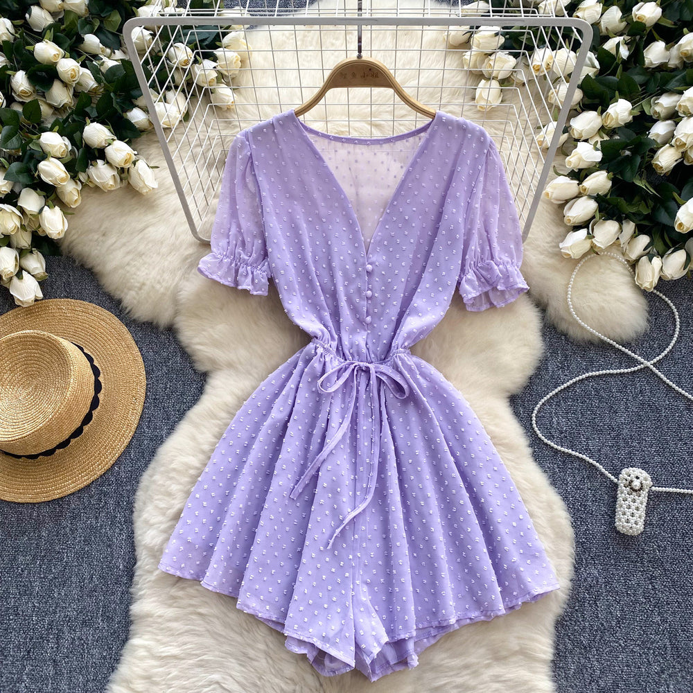 Women's jumpsuit beach vacation shorts summer new v-neck puff sleeve tie-waist versatile wide-leg shorts
